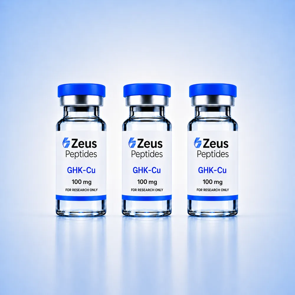 Voordeelbundel 3× GHK-Cu 100 mg — drie flacons koperpeptide gelyofiliseerd 99%+ zuiverheid voor laboratoriumonderzoek | ZeusPeptides