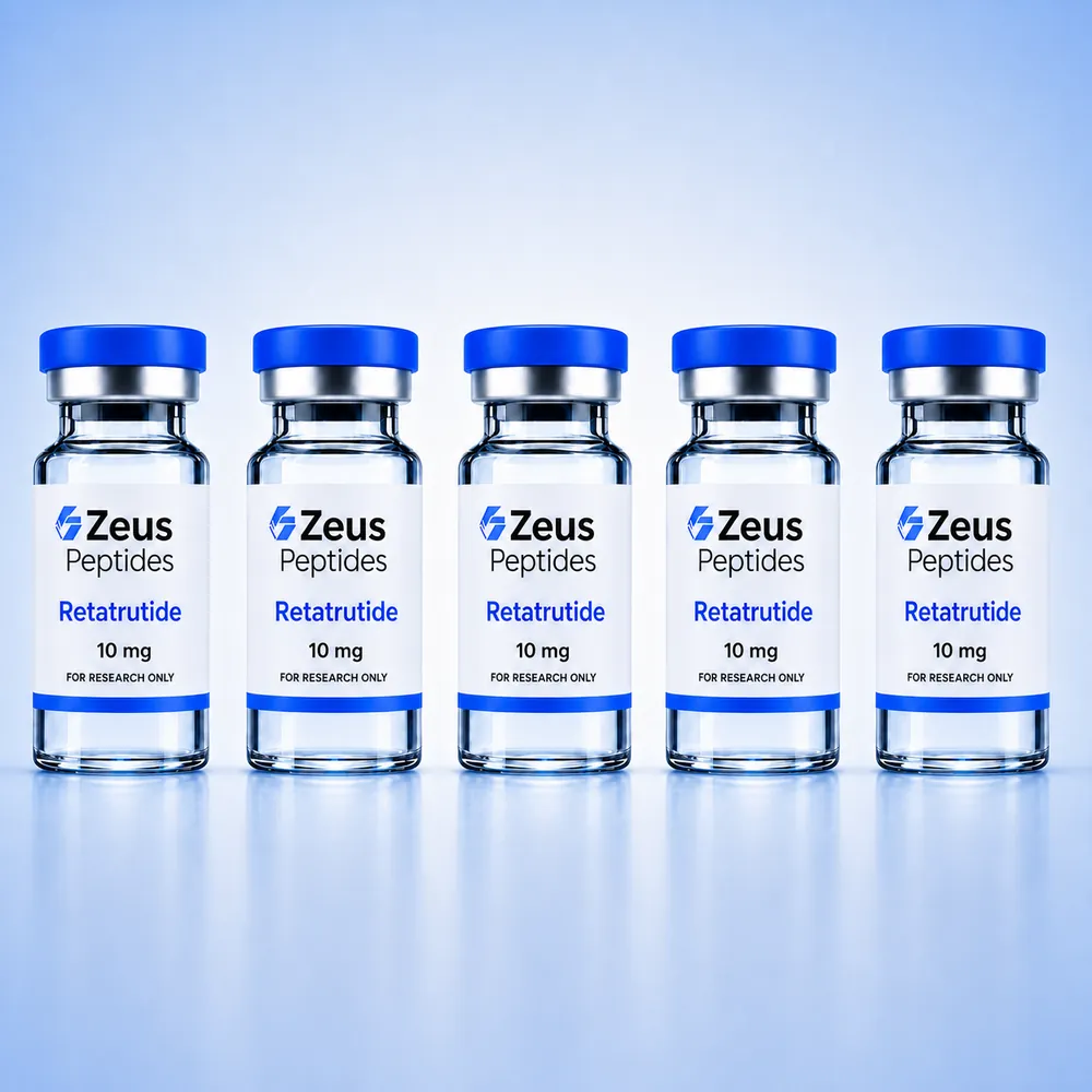 Voordeelbundel Retatrutide 10 mg — 5 flacons gelyofiliseerd peptide 99%+ zuiverheid voor laboratoriumonderzoek | ZeusPeptides
