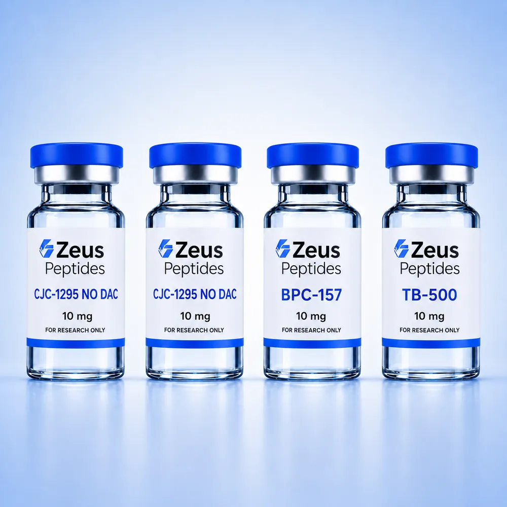 Herstelbundel 2× CJC-1295 NO DAC 10 mg + BPC-157 10 mg + TB-500 10 mg — vier peptide-flacons voor laboratoriumonderzoek | ZeusPeptides