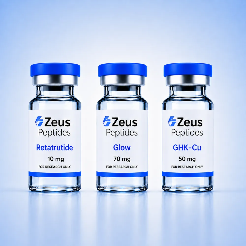 Onderzoeksbundel Retatrutide 10 mg + Glow 70 mg + GHK-Cu 50 mg — drie flacons peptides voor preklinisch onderzoek | ZeusPeptides