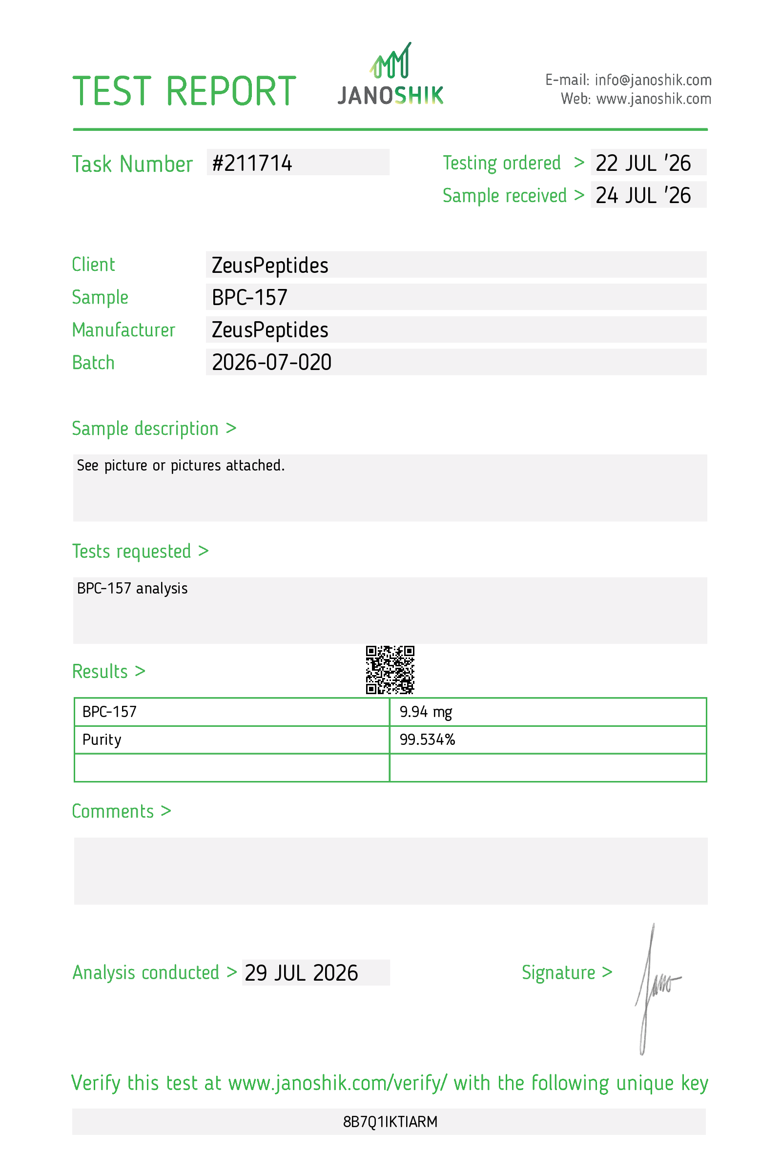 Certificate of analysis BPC-157 batch 2026-07-020