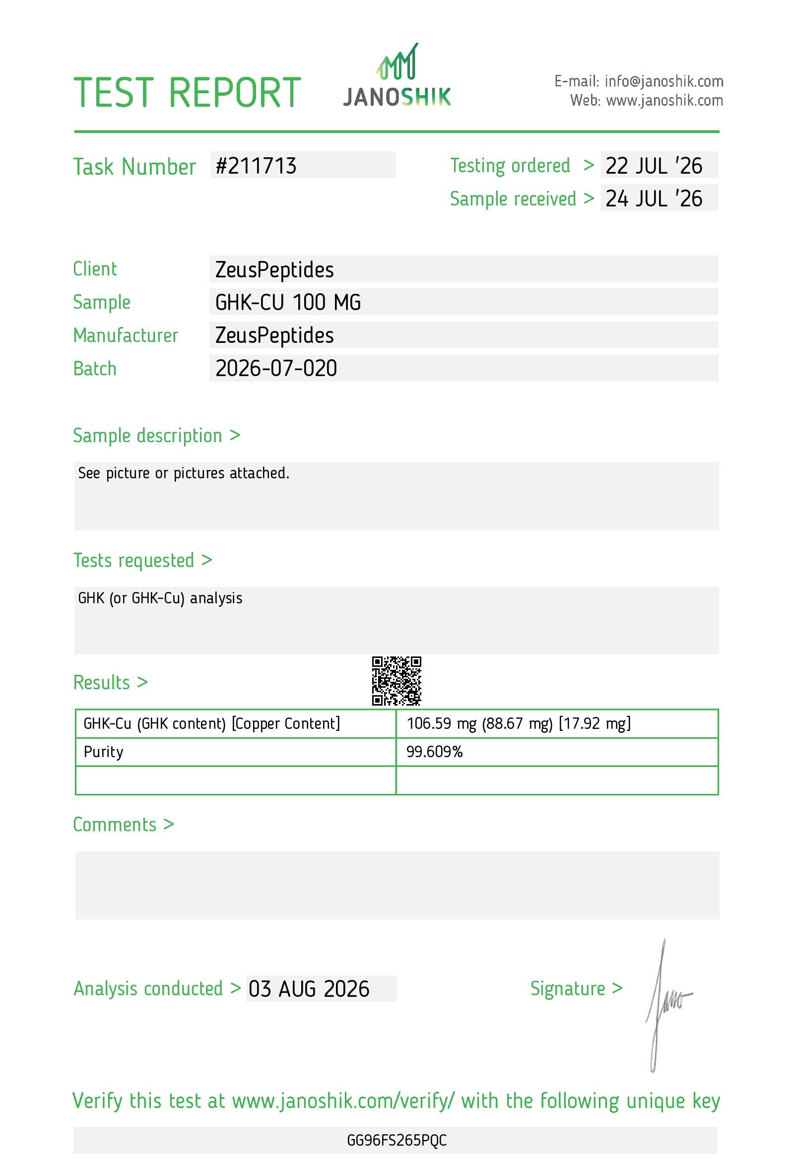 Certificate of analysis GHK-Cu batch 2026-07-020
