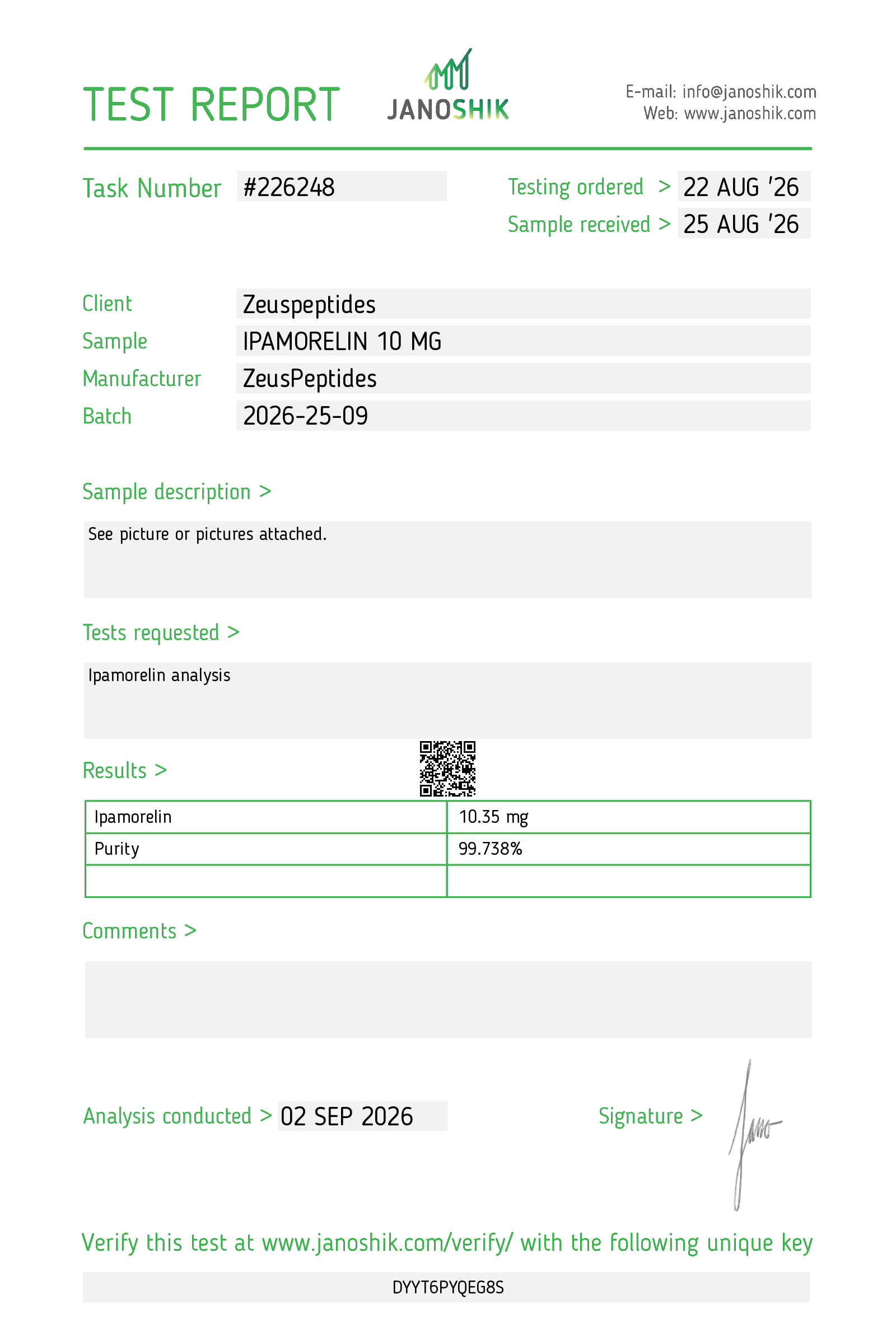 Certificate of analysis Ipamorelin batch 2026-25-09