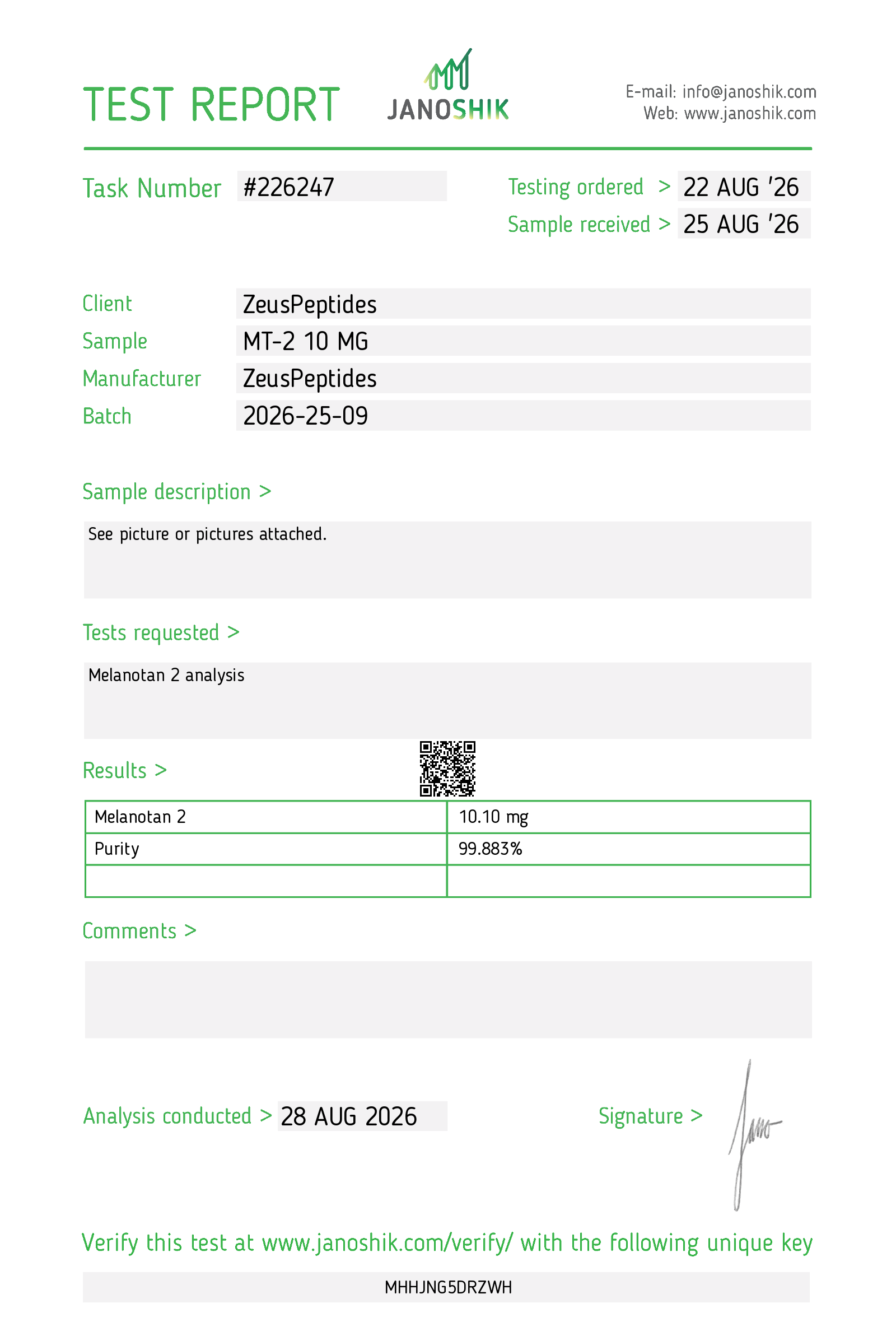 Certificate of analysis Melanotan-2 batch 2026-25-09